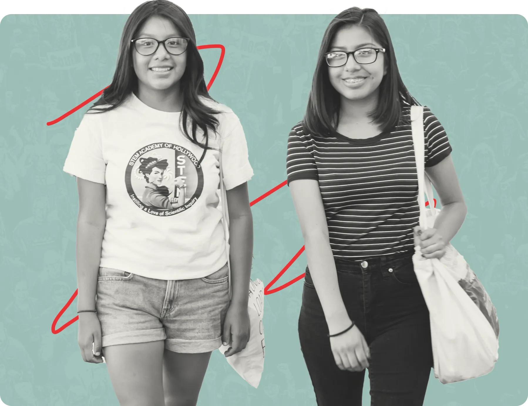 Two young latina students with eyeglasses walking alongside each other holding tote bags over their shoulders