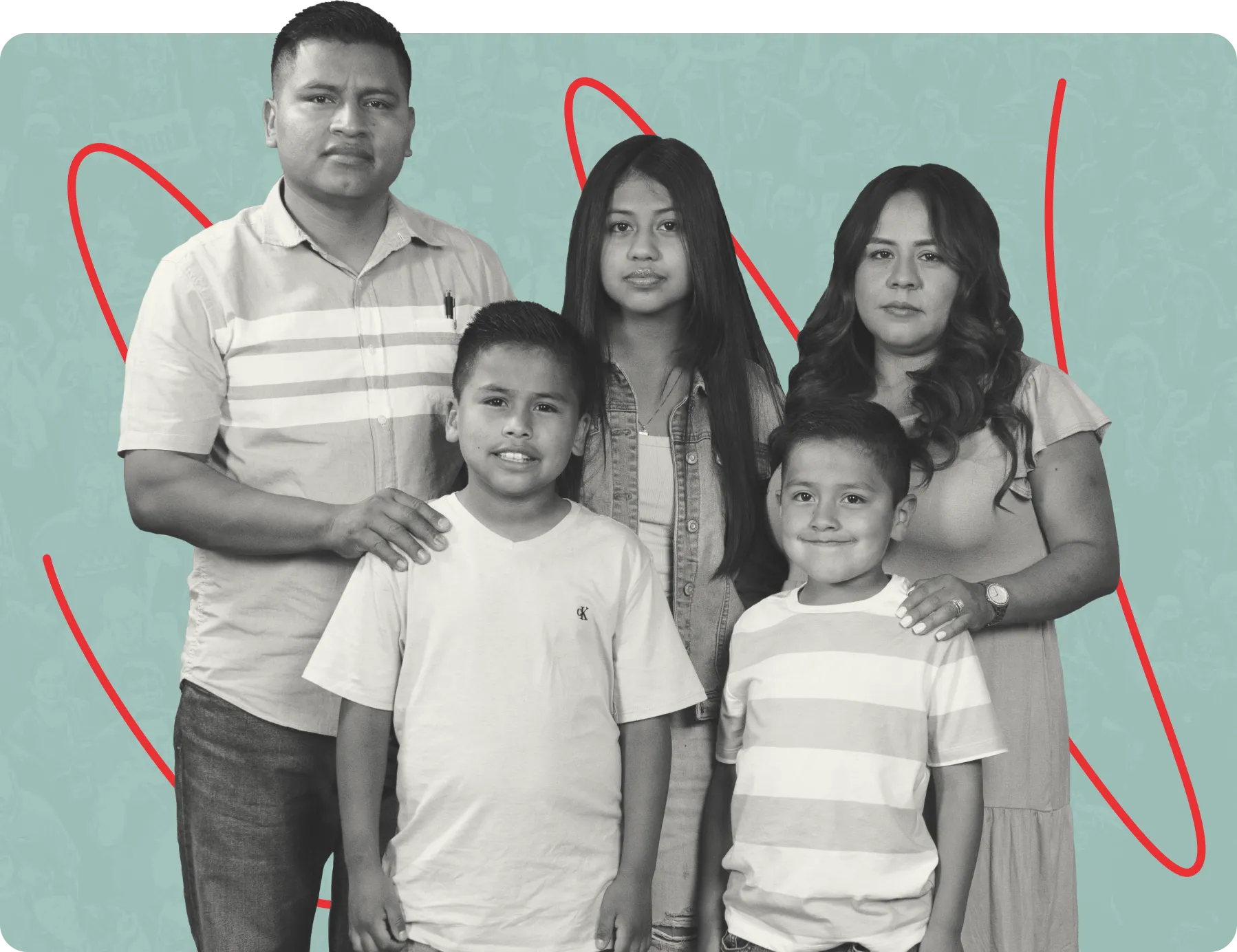 Two Latino parents stand with their three children