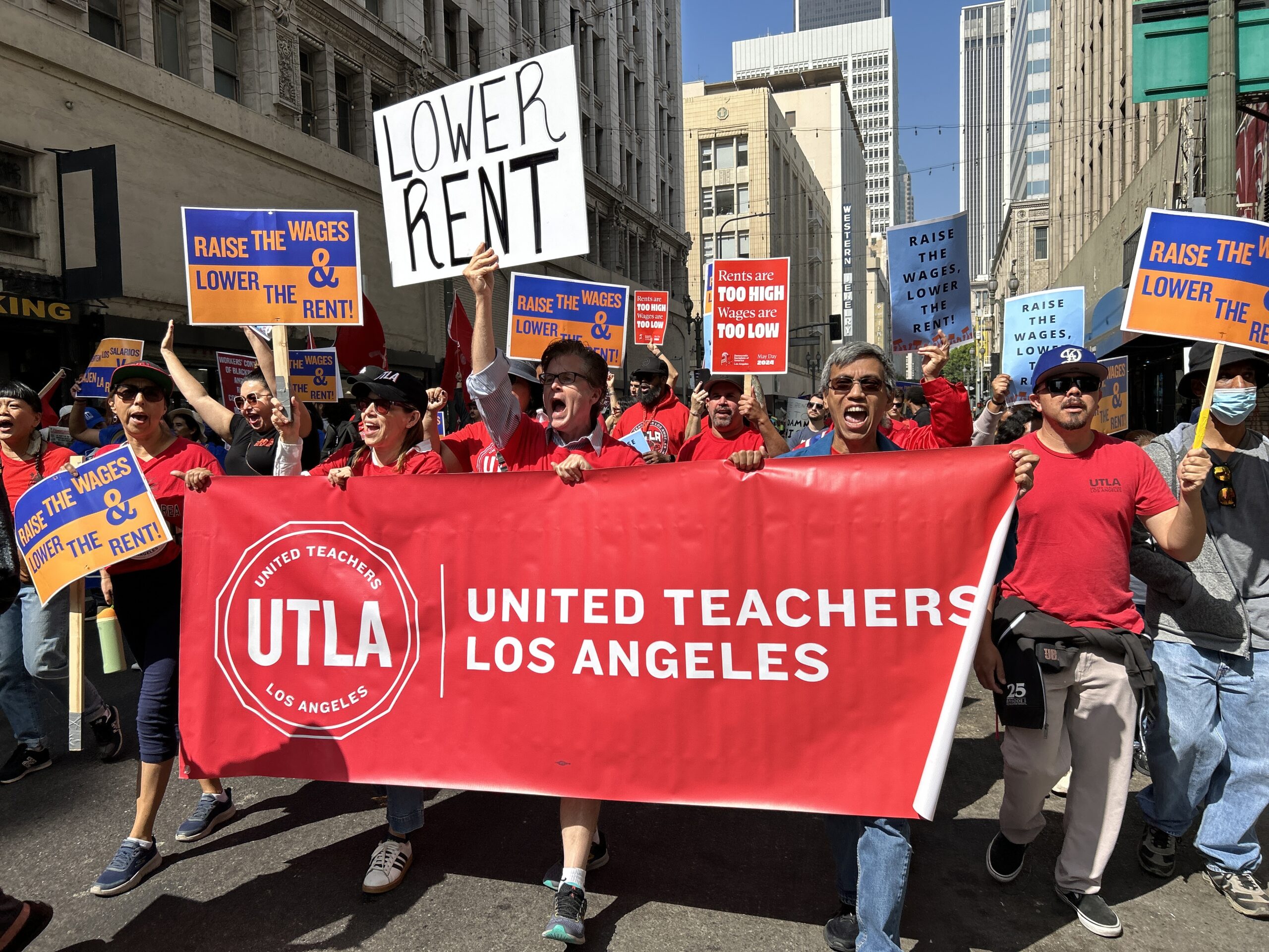 UTLA Members marching through DTLA with tenants, union workers, and community organizations in September 2024 to demand affordable housing for every Angeleno.